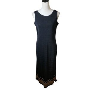 90s Reflections by Spiegel Black Gold Boho Maxi Dress M | Slinky Minimalist Chic